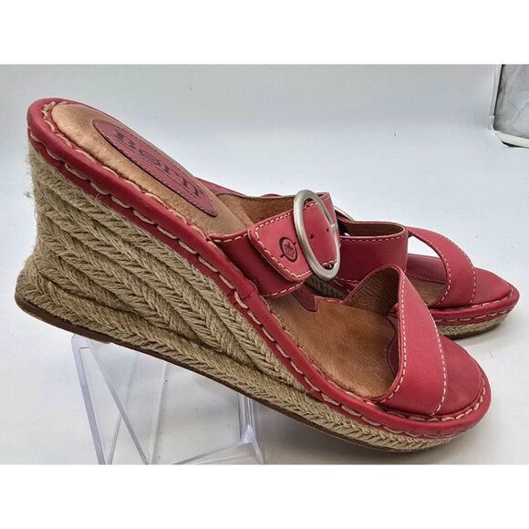 Born Womens Red Leather Strappy Wedge Sandals With Braided Espadrille Heel & Adj - Picture 3 of 12